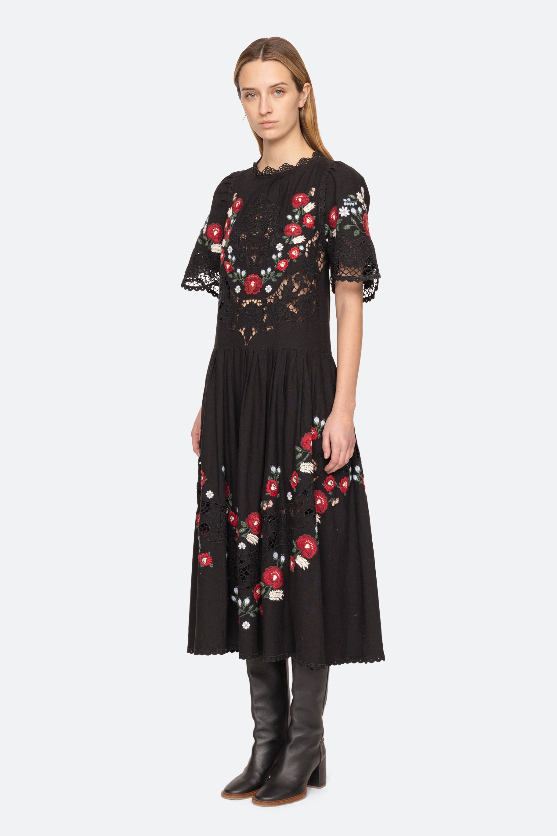 Sea New York Rosaline Embroidery Short Sleeve Midi Dress