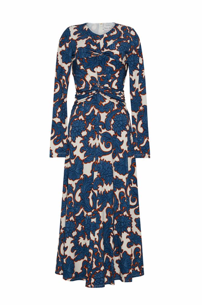 Long-sleeve dress with a blue and beige floral pattern on a white background