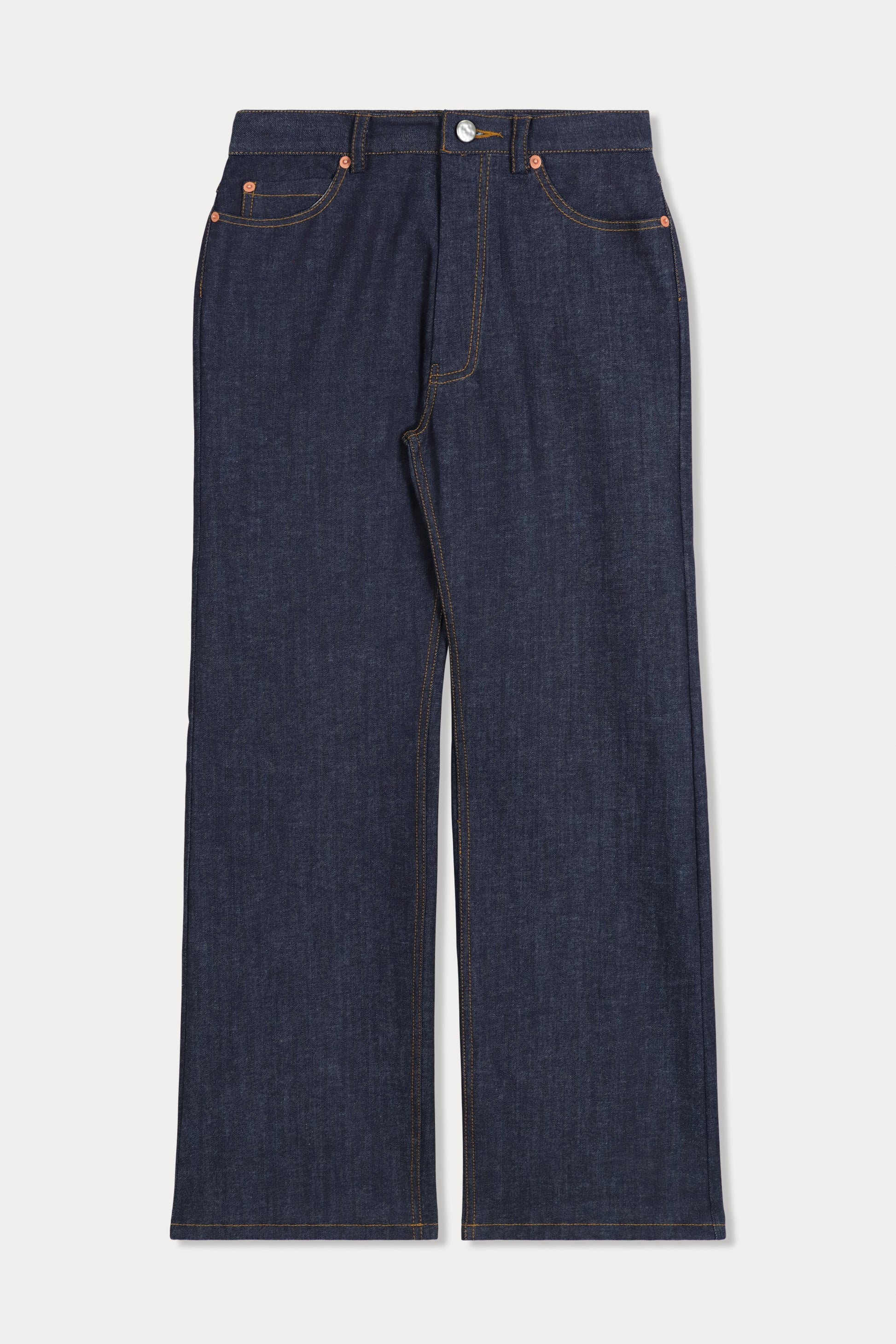 Pair of dark blue jeans on a light gray background