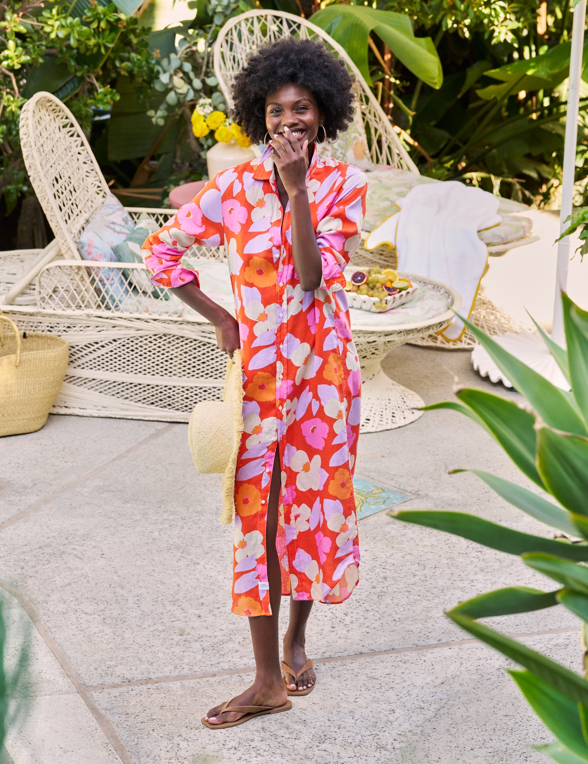 Frank & Eileen Rory Maxi Shirtdress in Italian Linen – Pink Orange Floral