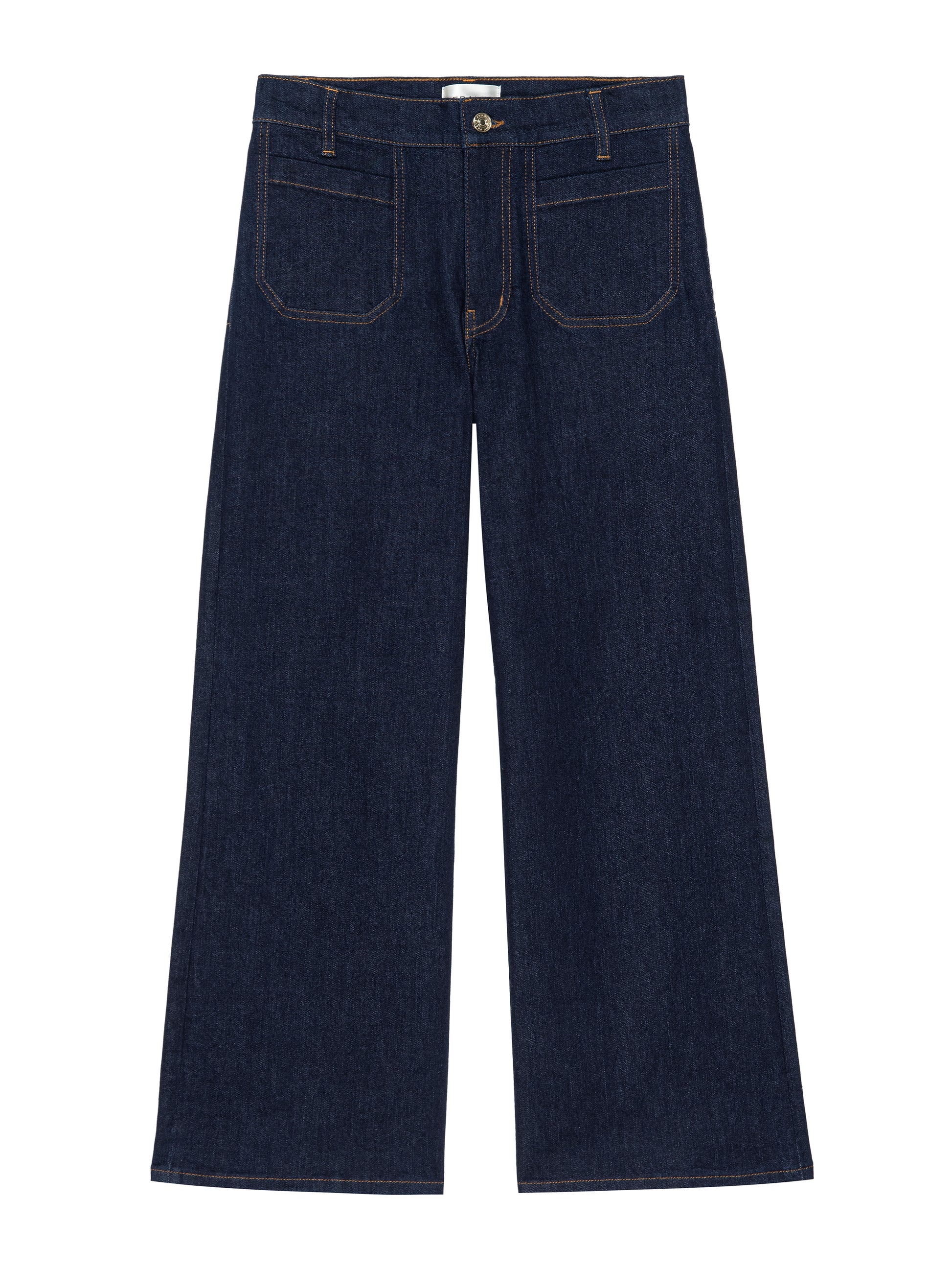 Pair of dark blue jeans on a white background