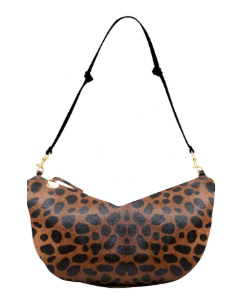 Leopard print handbag with a black strap on a white background
