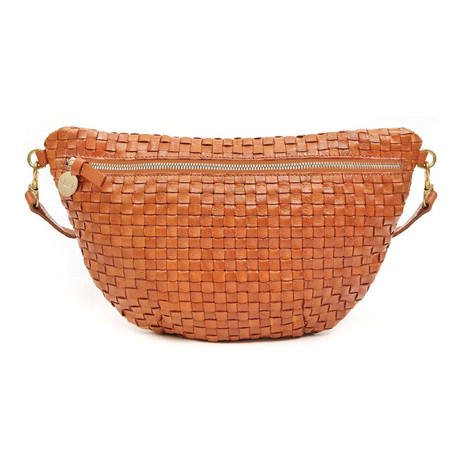 Woven brown handbag with gold zipper on a white background
