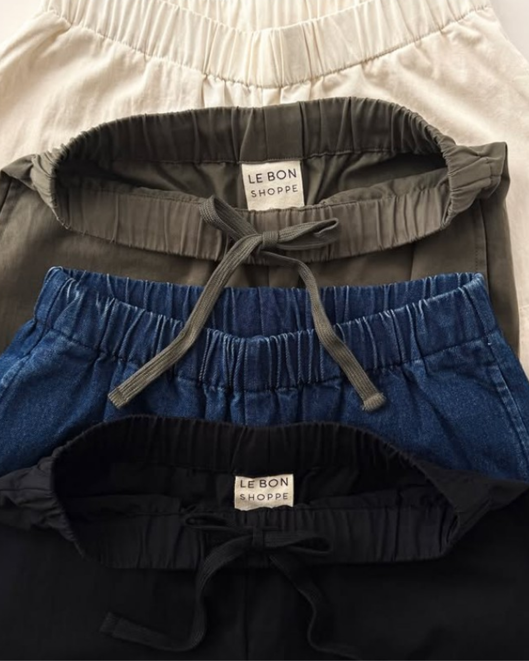 Le Bon Shoppe drawstring waistbands in cream, olive, denim and black pants