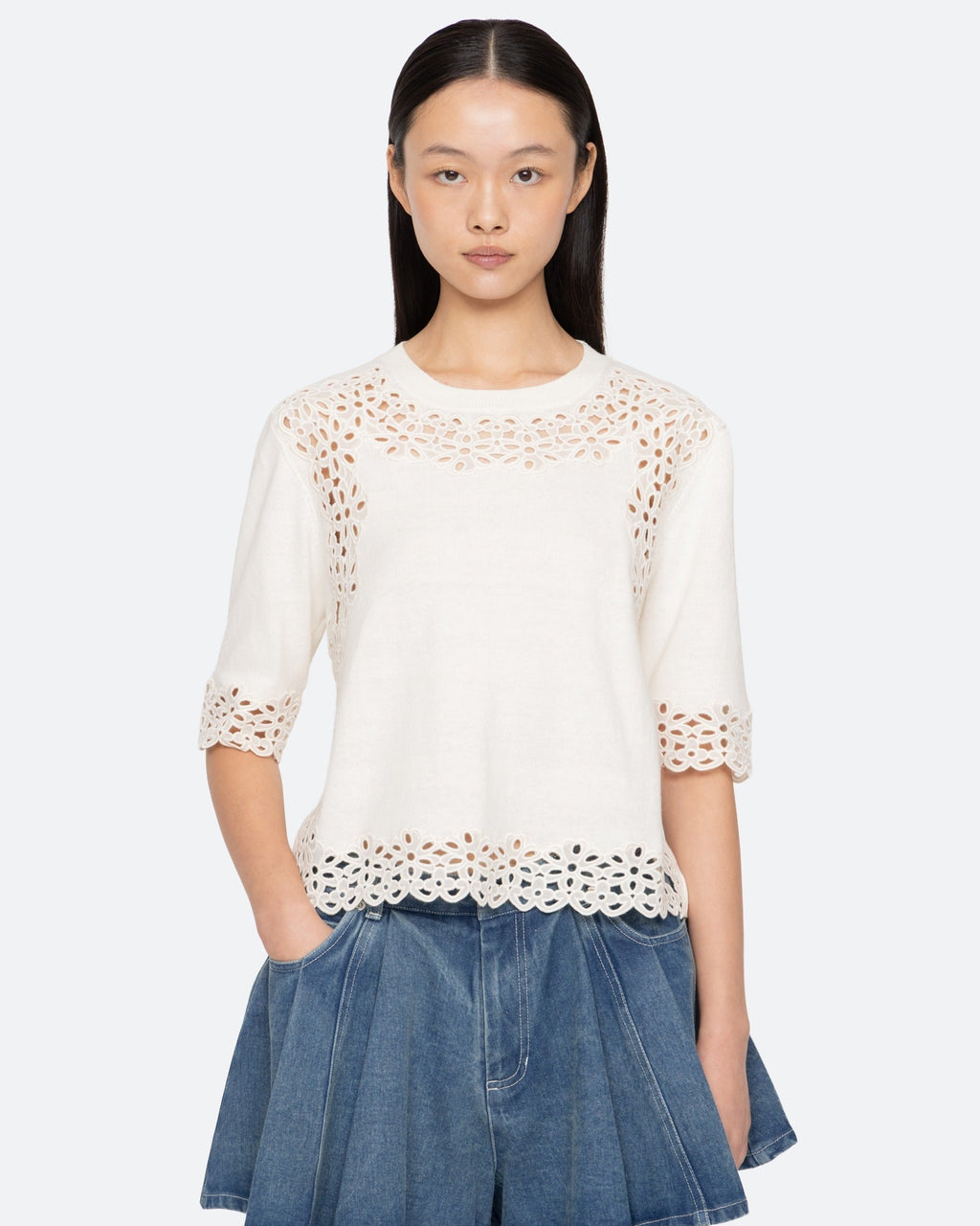 Sea New York Leila Eyelet Short Sleeve Sweater