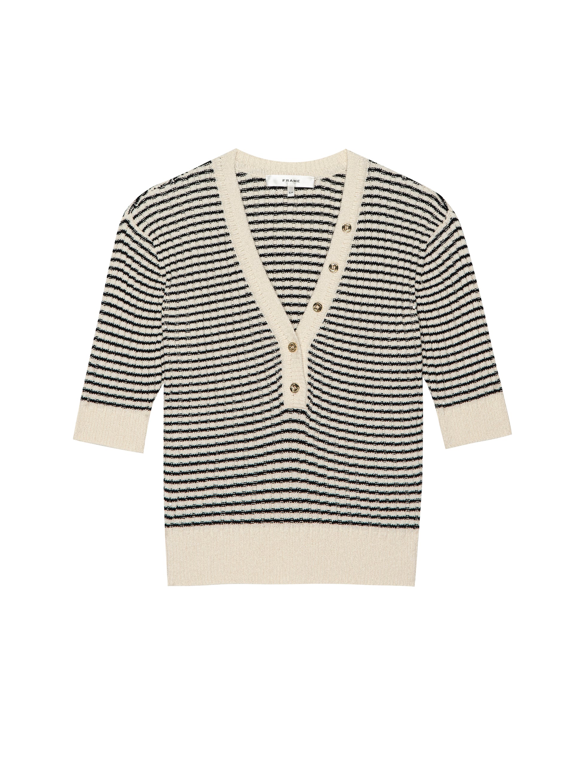 Black and white striped sweater with a V-neck on a white background