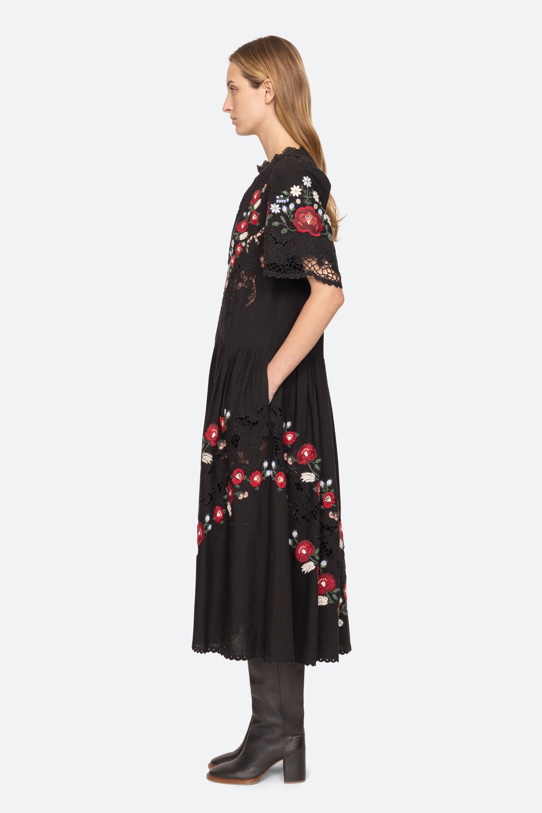 Sea New York Rosaline Embroidery Short Sleeve Midi Dress