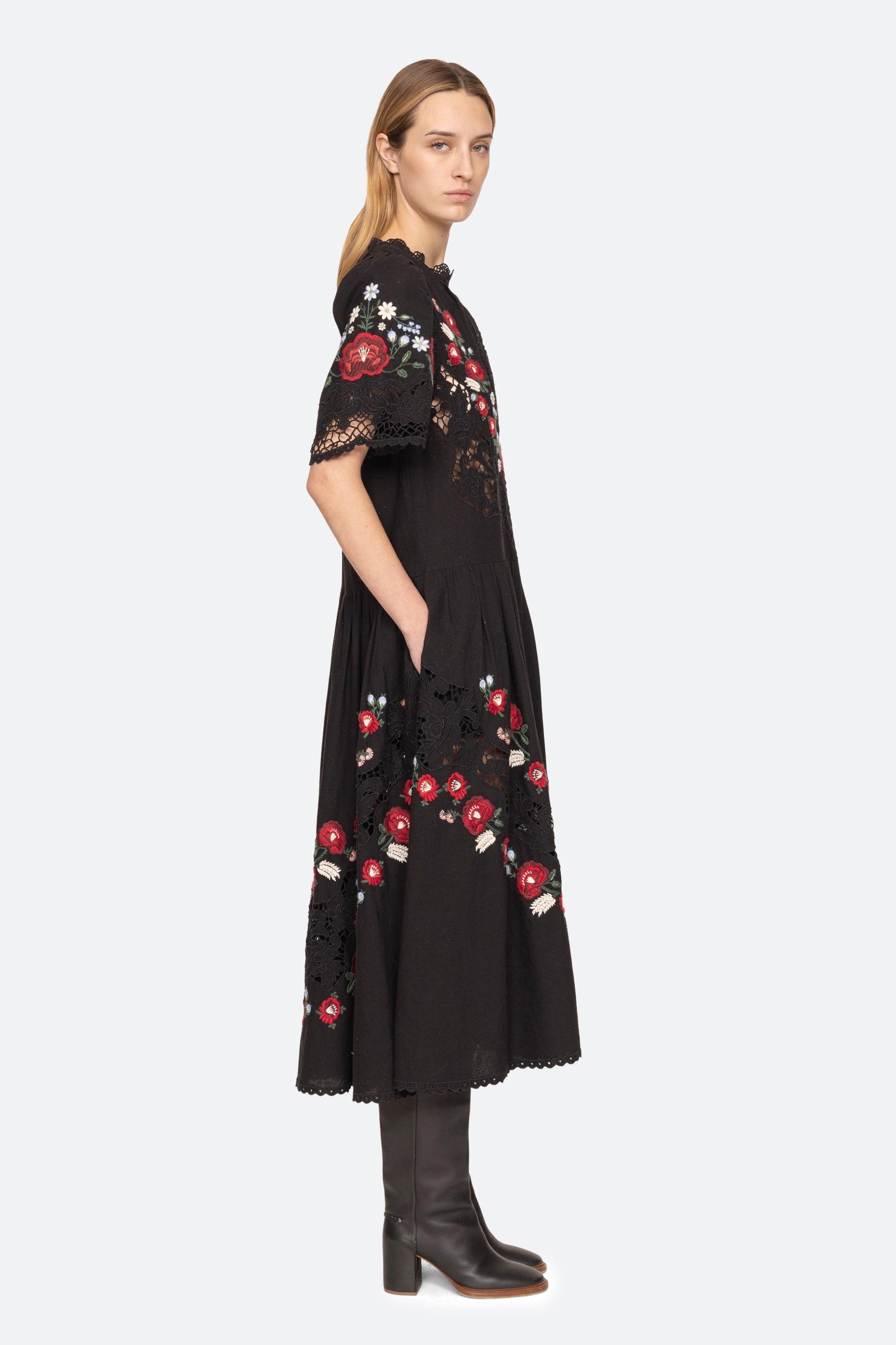 Sea New York Rosaline Embroidery Short Sleeve Midi Dress