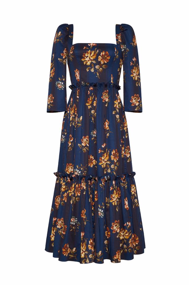 Navy blue dress with floral pattern on a white background