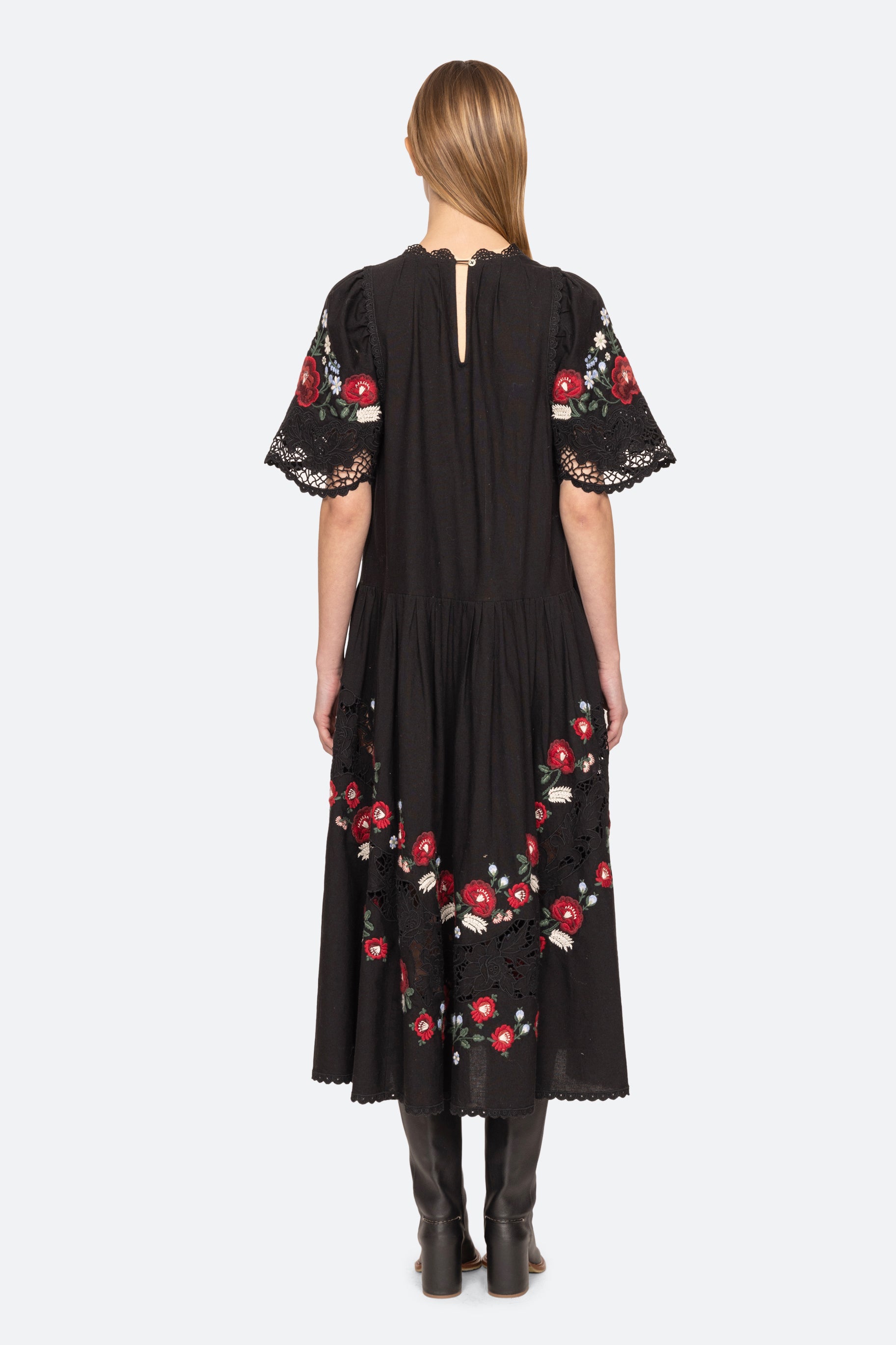 Sea New York Rosaline Embroidery Short Sleeve Midi Dress