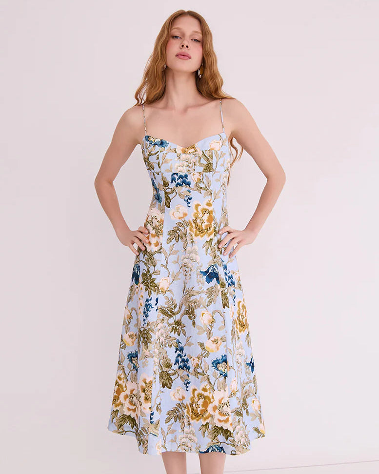 Cara Cara Cherry Dress in Flora Meadow Light Blue