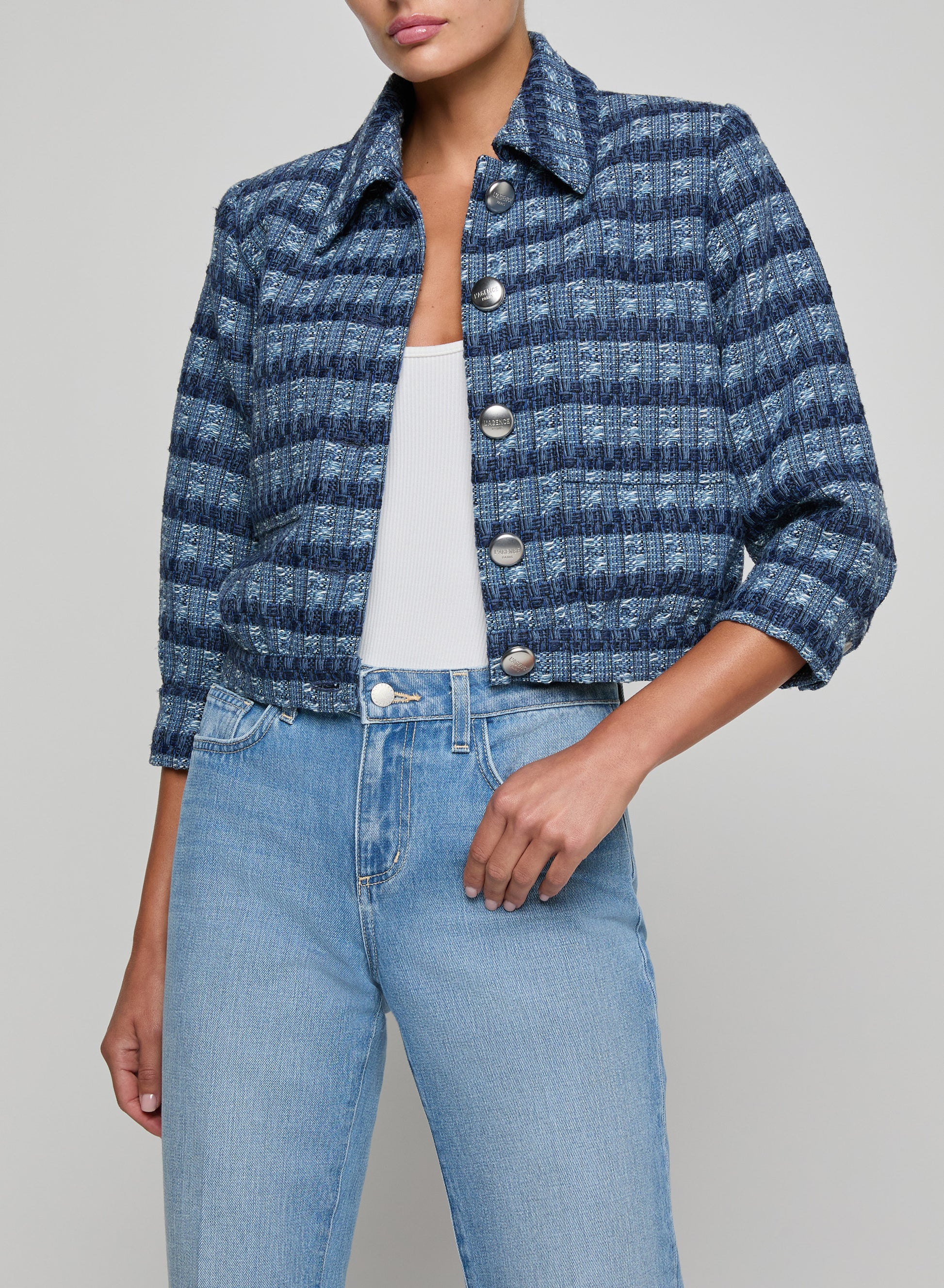 L'AGENCE Jia Crop Jacket in Blue Multi Stripe
