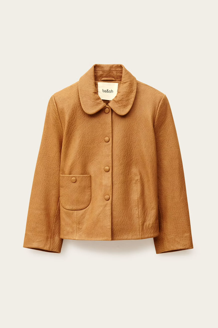 Brown jacket with a collar on a light beige background