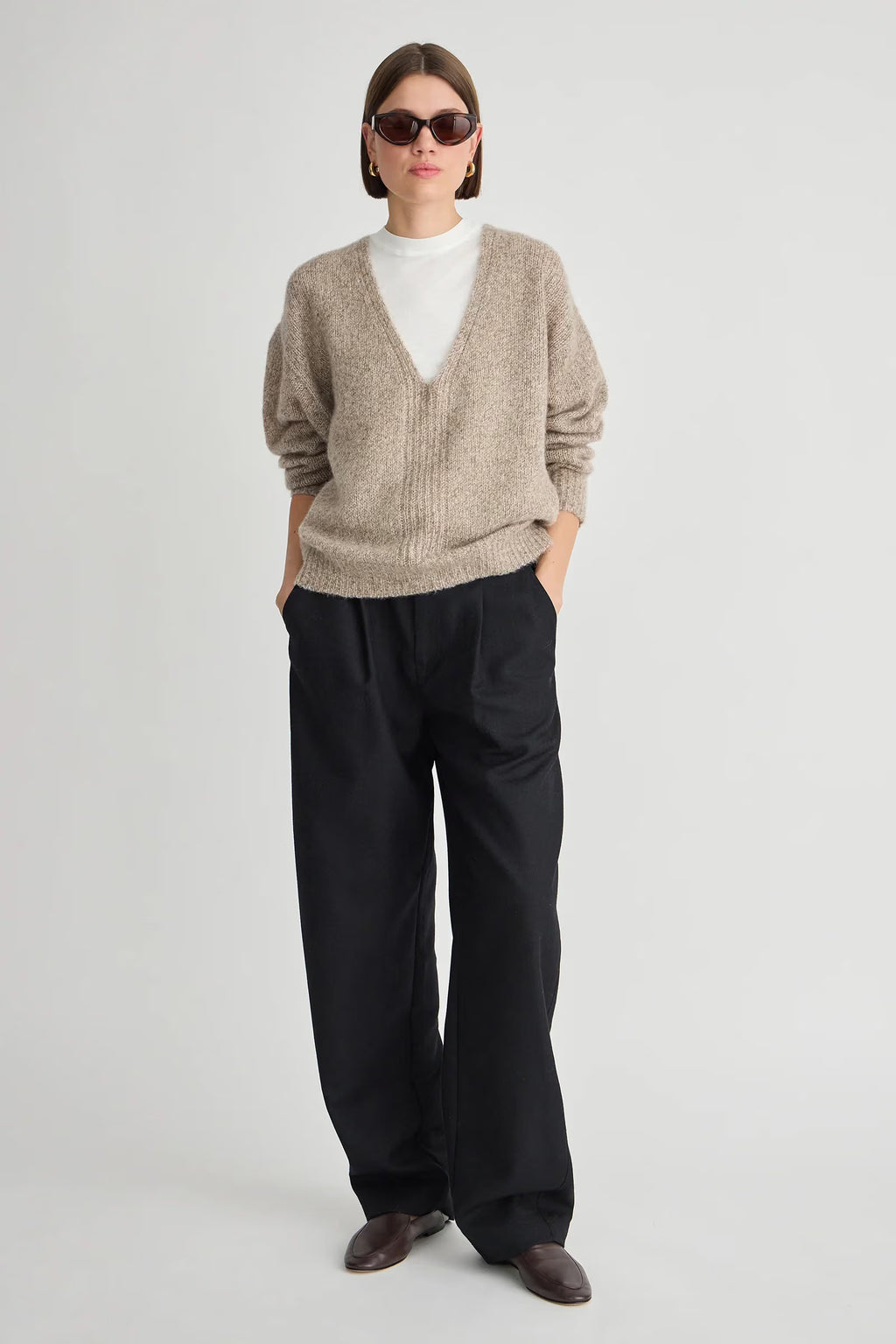 Apiece Apart Softest Silk Cashmere V-Neck Marl in Jute Marl