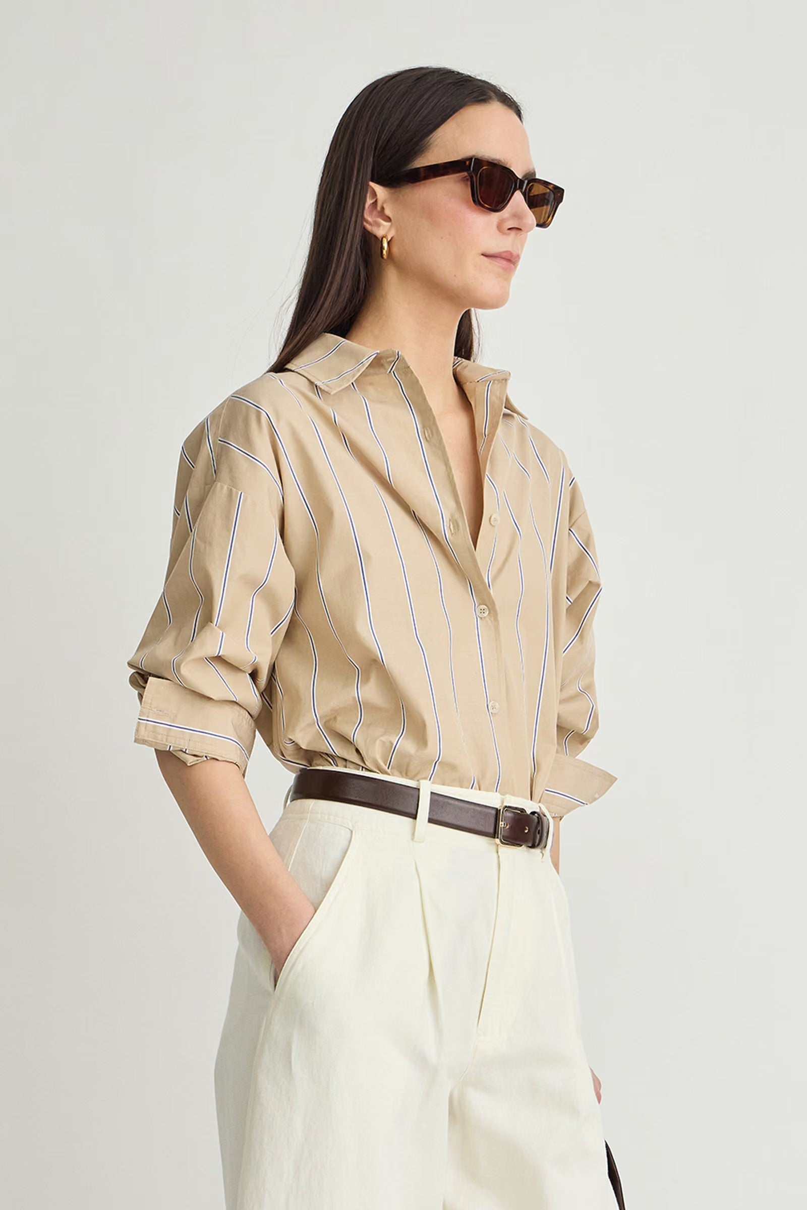 Apiece Apart Isolde Button Down in Sand & Blue Stripe