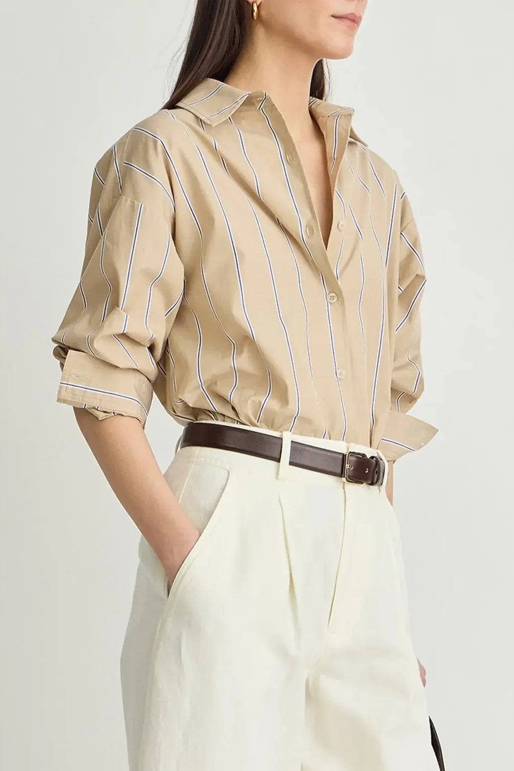 Apiece Apart Isolde Button Down in Sand & Blue Stripe