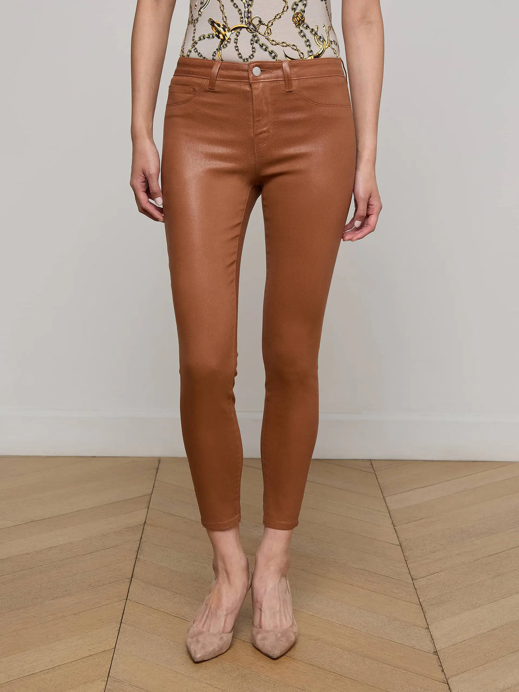 L'AGENCE Margot High-Rise Skinny Jeans in Cognac Coated