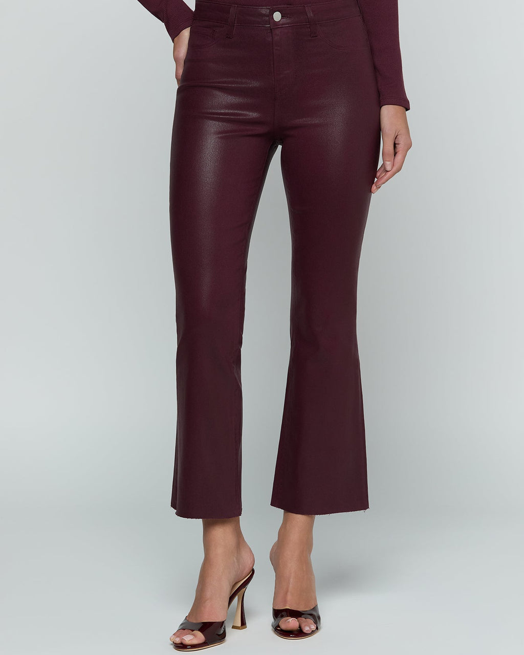 L'AGENCE Kendra Crop Flare Pants in Deep Sangria Coated