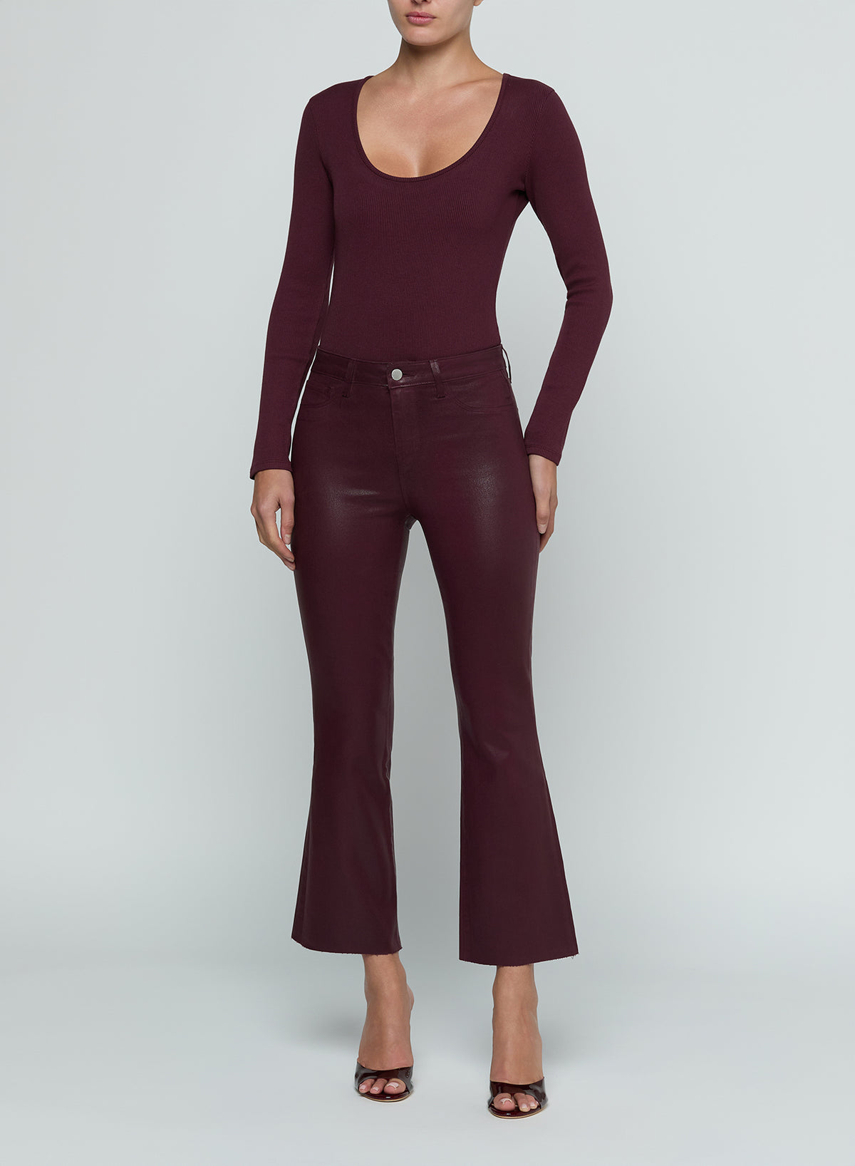 L'AGENCE Kendra Crop Flare Pants in Deep Sangria Coated
