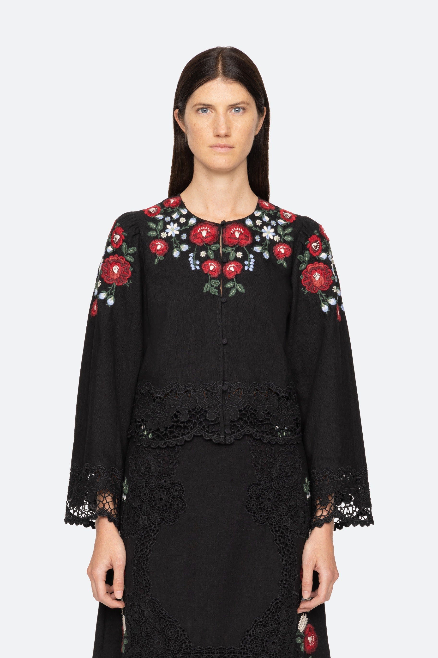 Sea New York Rosaline Embroidery Long Sleeve Button-Up Top