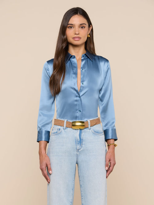L’AGENCE Dani 3/4 Sleeve Blouse in Blue Mist
