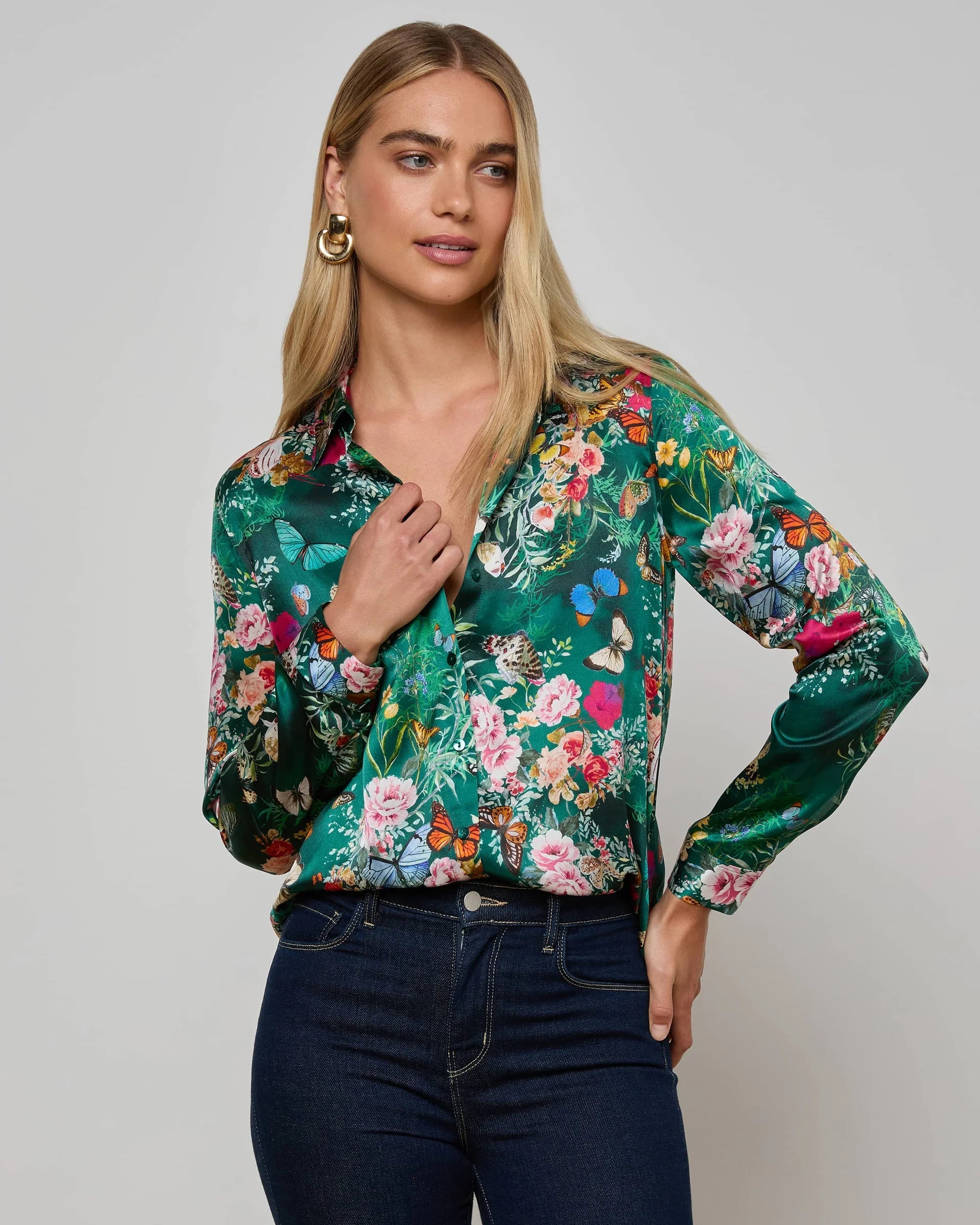 L'AGENCE Tyler Long Sleeve Blouse in Bottle Green Multi Charonda Butterfly