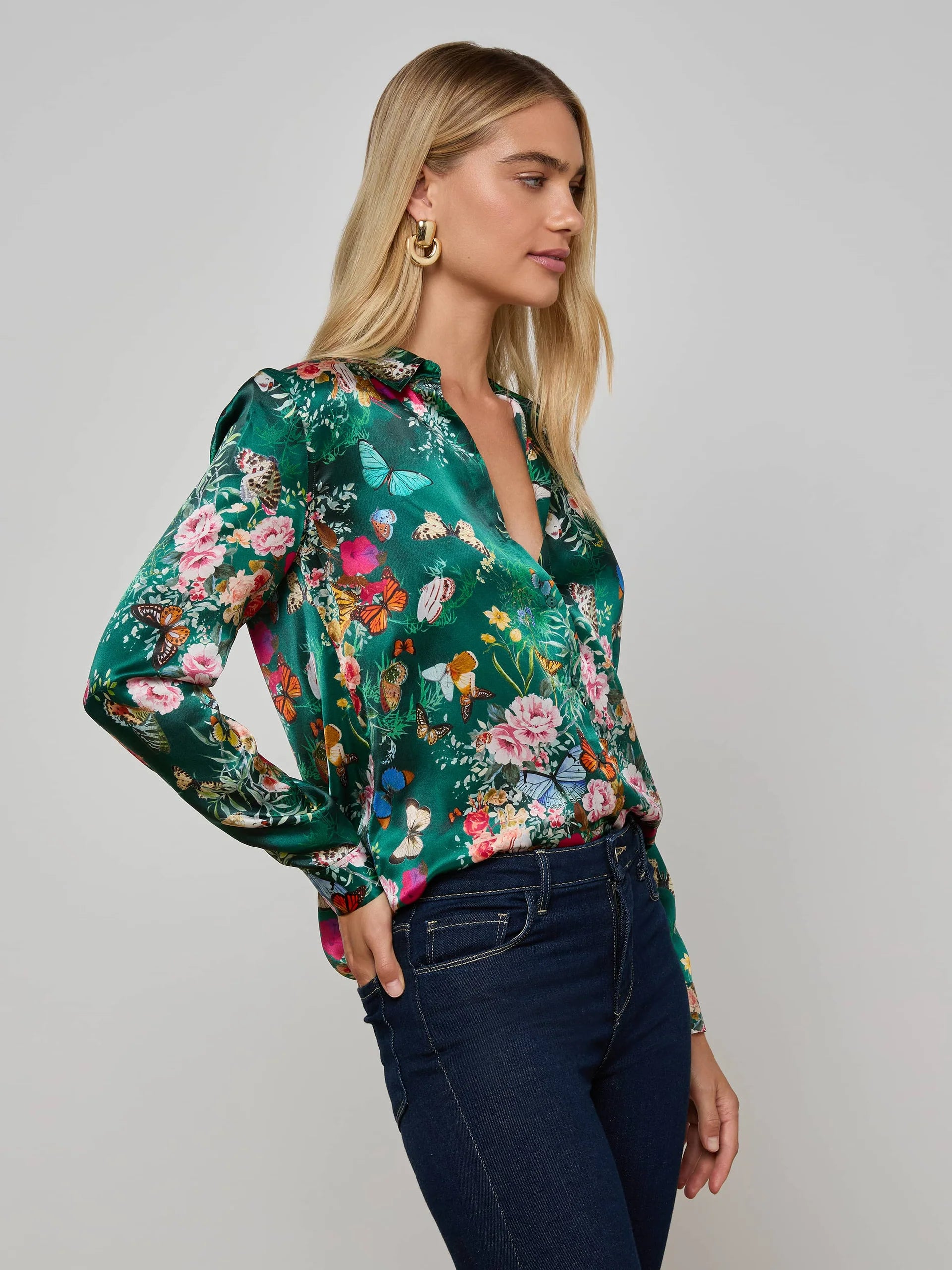 L'AGENCE Tyler Long Sleeve Blouse in Bottle Green Multi Charonda Butterfly