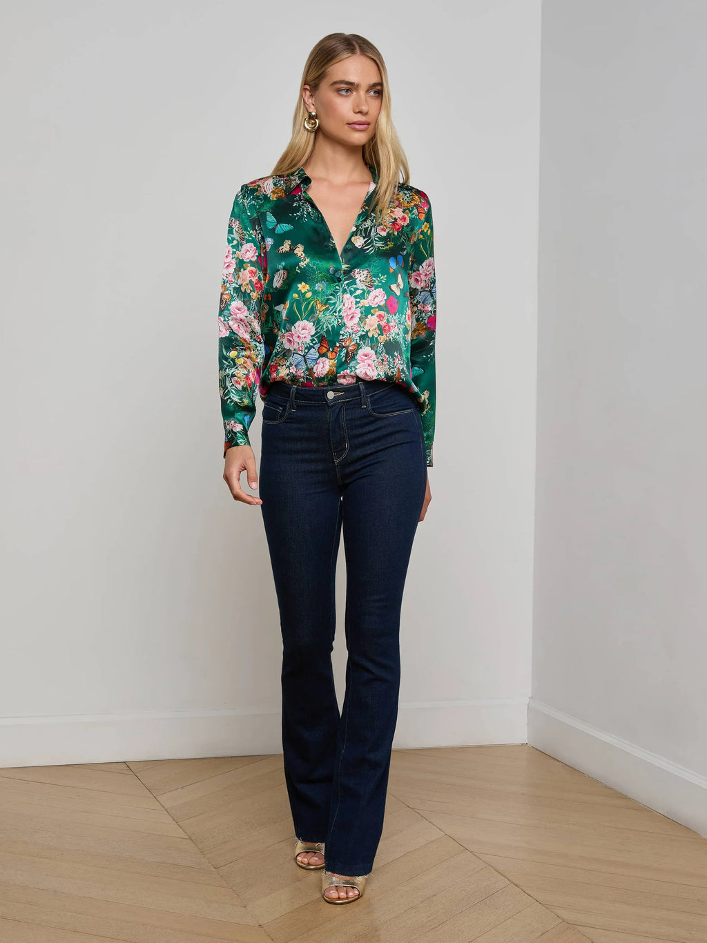 L'AGENCE Tyler Long Sleeve Blouse in Bottle Green Multi Charonda Butterfly