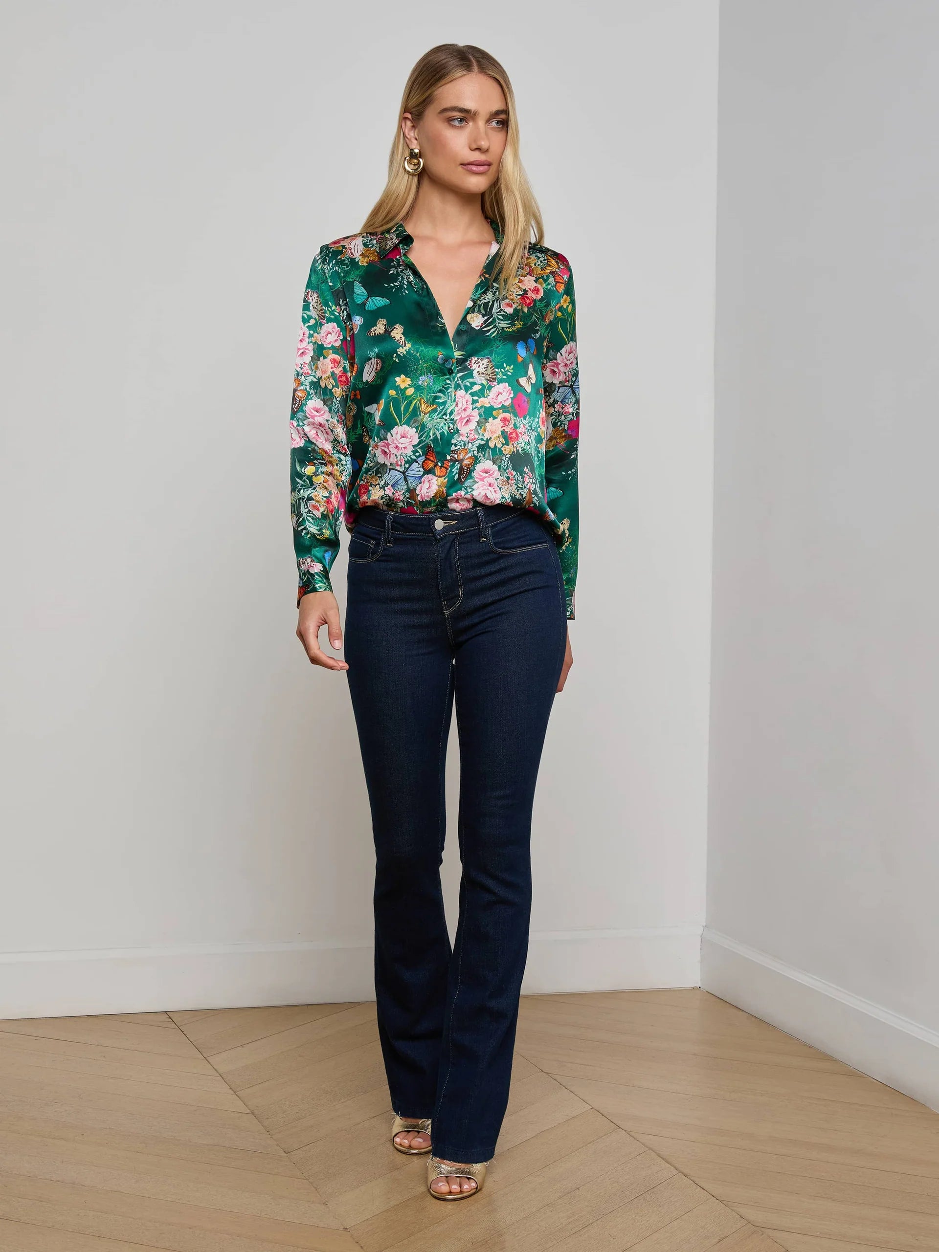 L'AGENCE Tyler Long Sleeve Blouse in Bottle Green Multi Charonda Butterfly