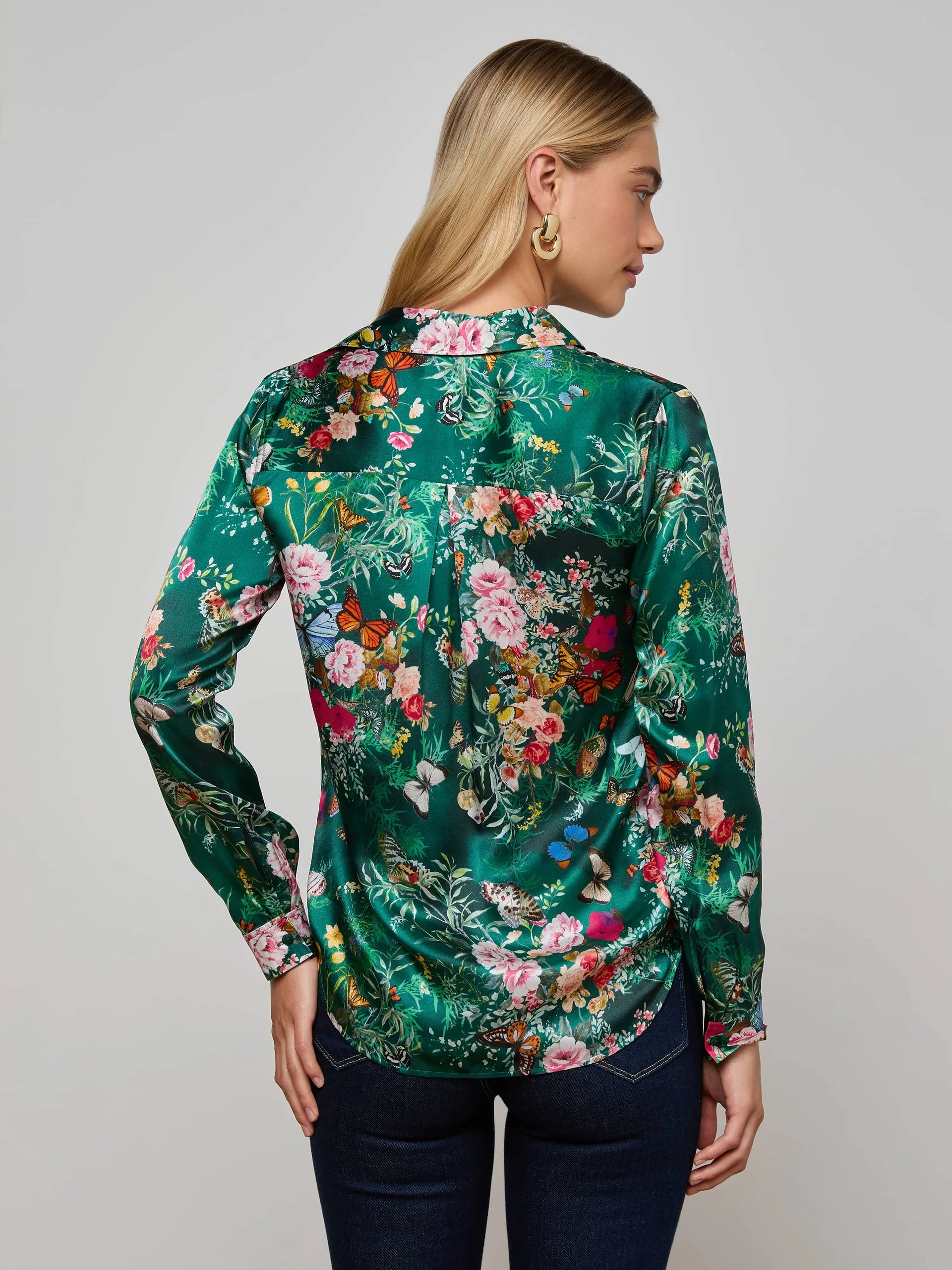 L'AGENCE Tyler Long Sleeve Blouse in Bottle Green Multi Charonda Butterfly