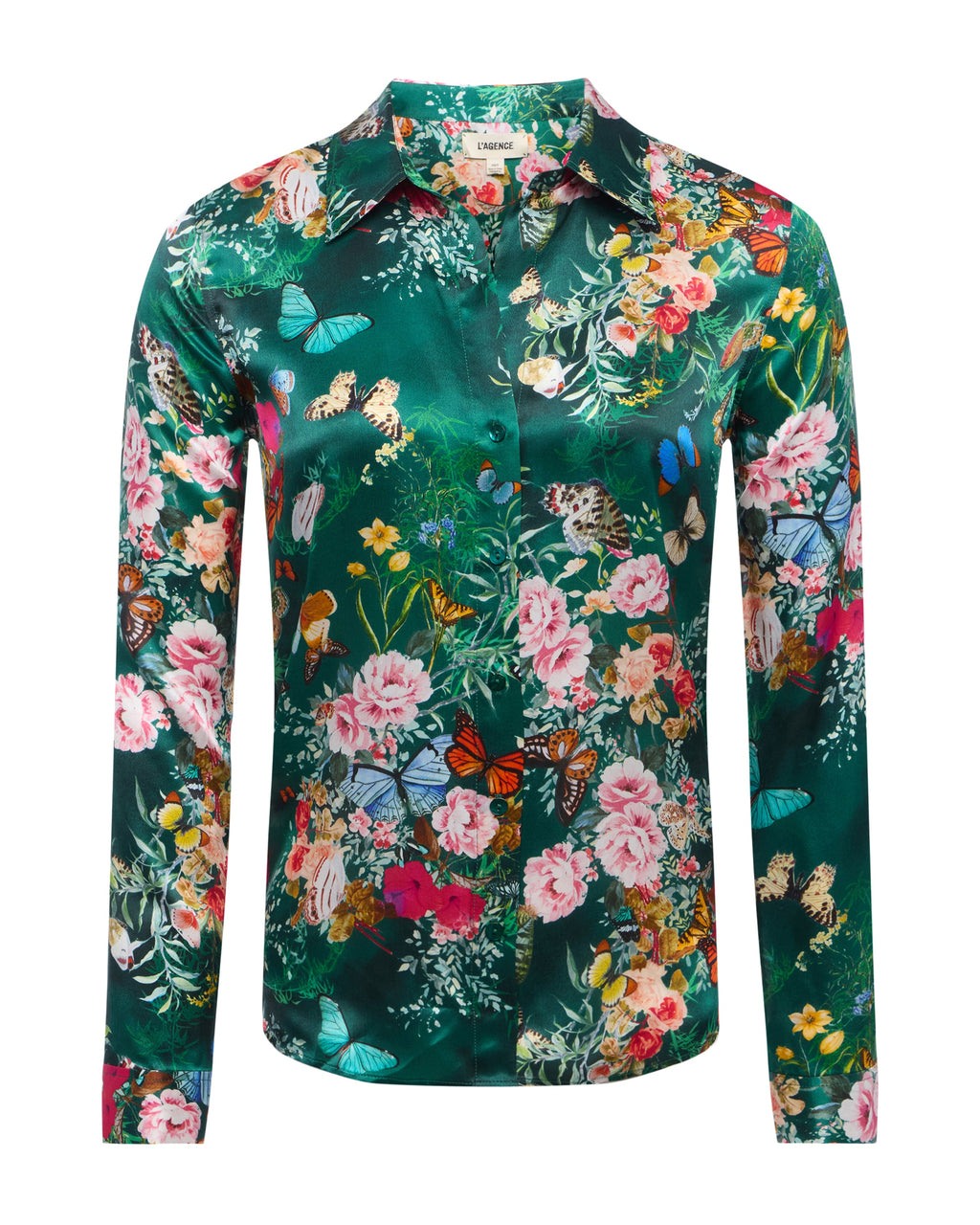 L'AGENCE Tyler Long Sleeve Blouse in Bottle Green Multi Charonda Butterfly
