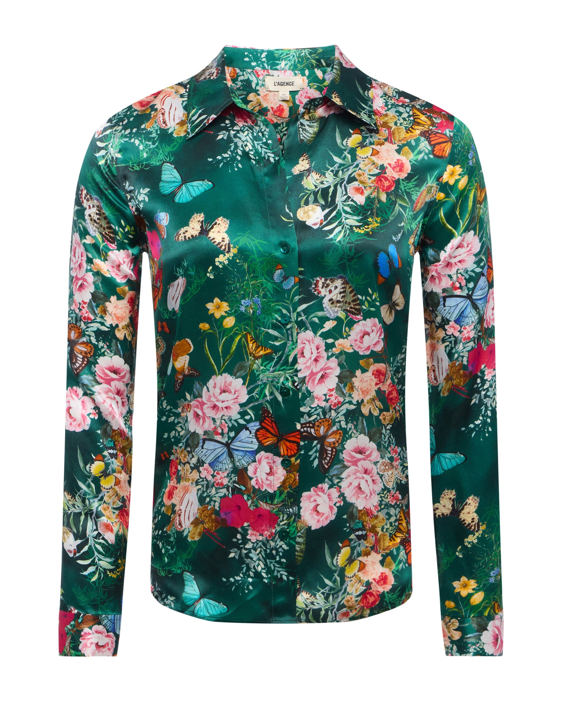 L'AGENCE Tyler Long Sleeve Blouse in Bottle Green Multi Charonda Butterfly