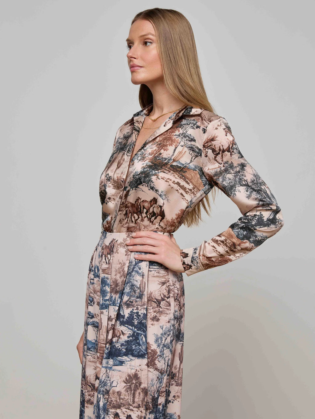 L'AGENCE Tyler Long Sleeve Blouse in Tan Multi Western Toile