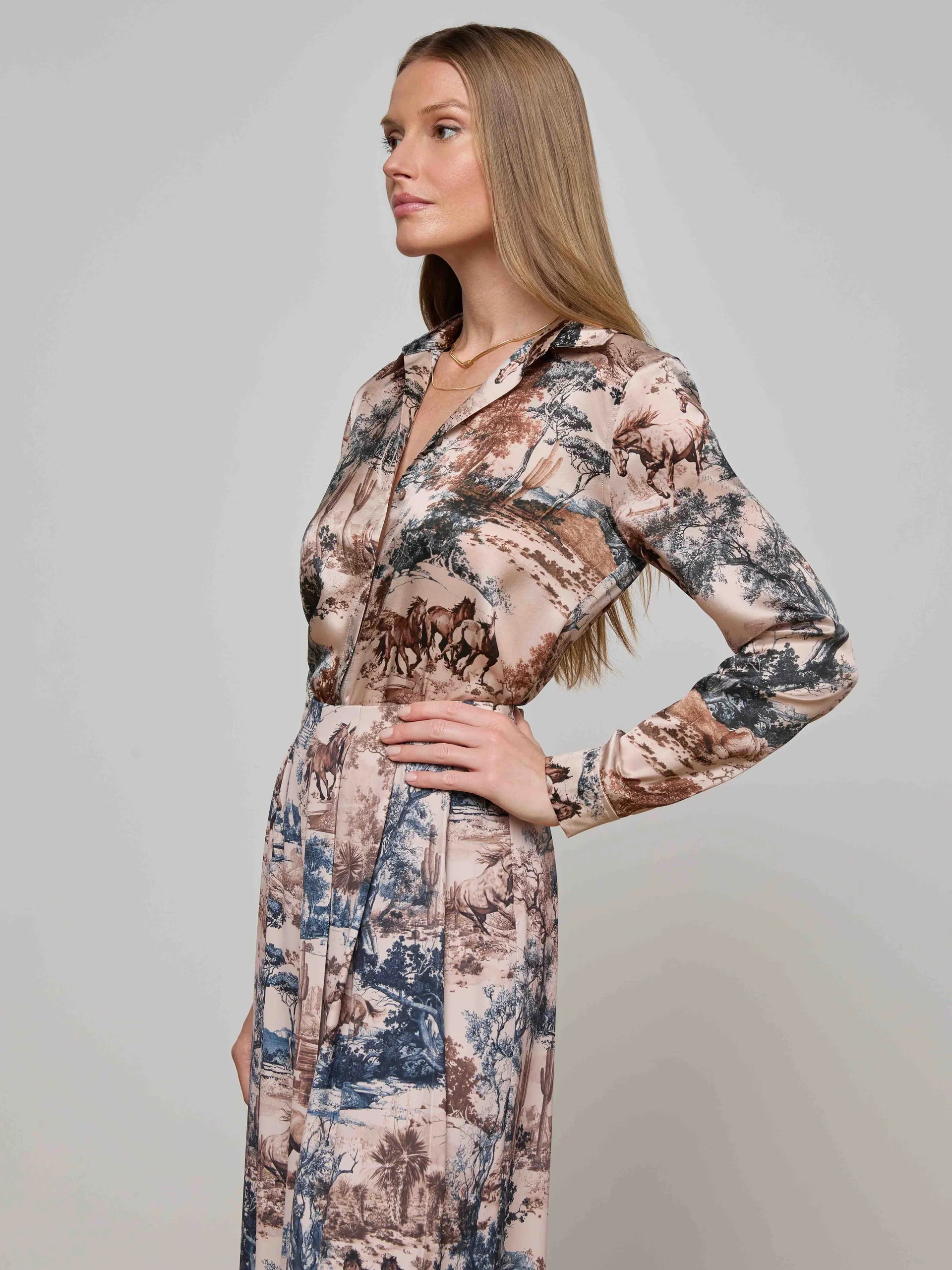 L'AGENCE Tyler Long Sleeve Blouse in Tan Multi Western Toile