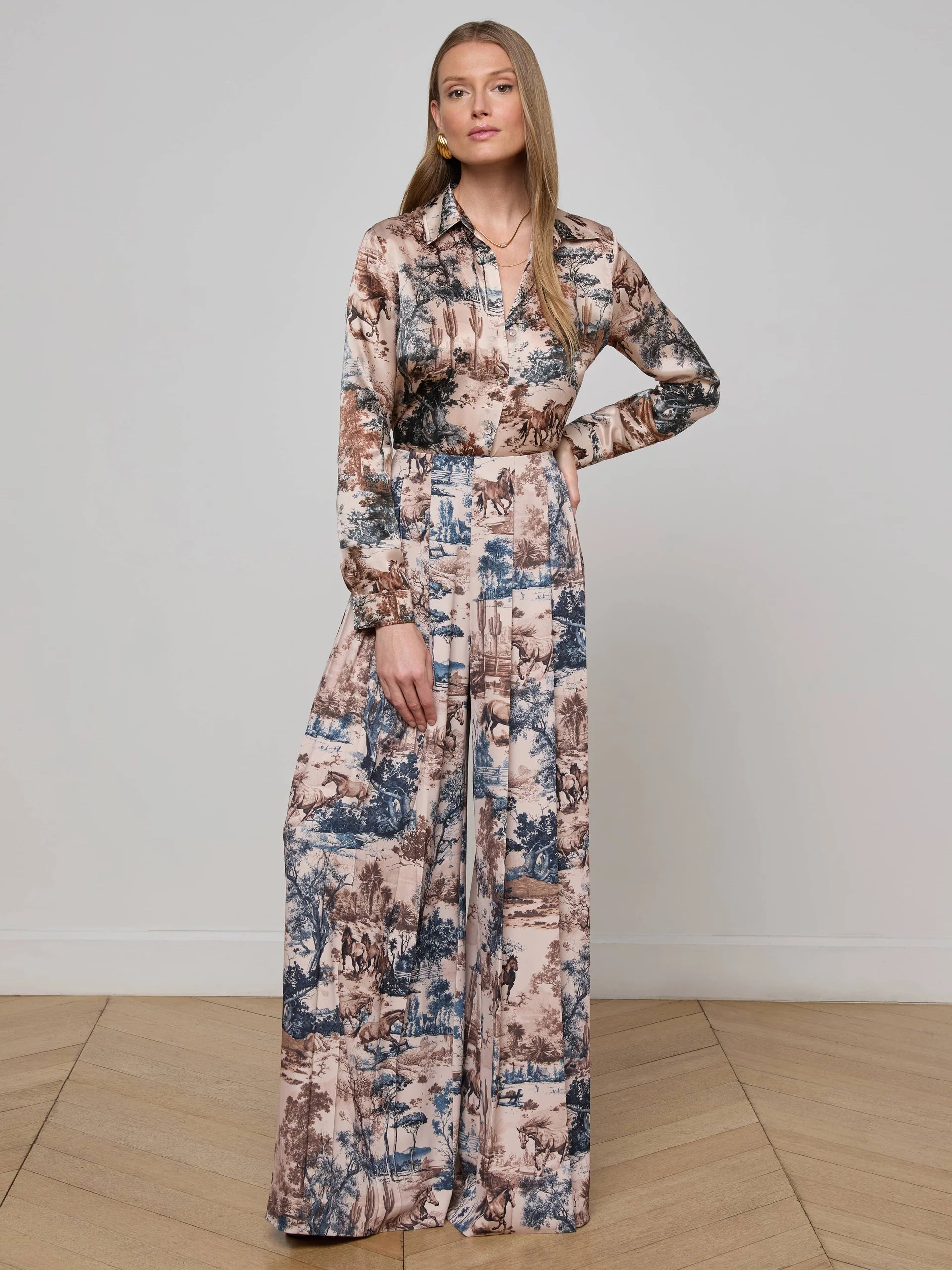 L'AGENCE Tyler Long Sleeve Blouse in Tan Multi Western Toile