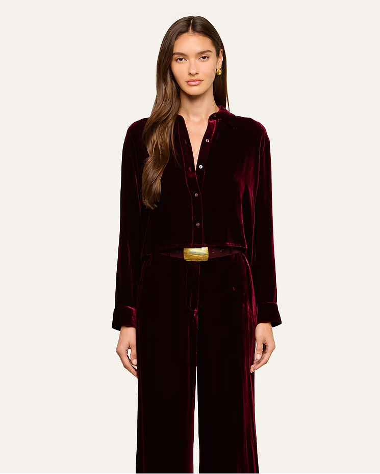 L'AGENCE Cosette Crop Velvet Shirt in Deep Port