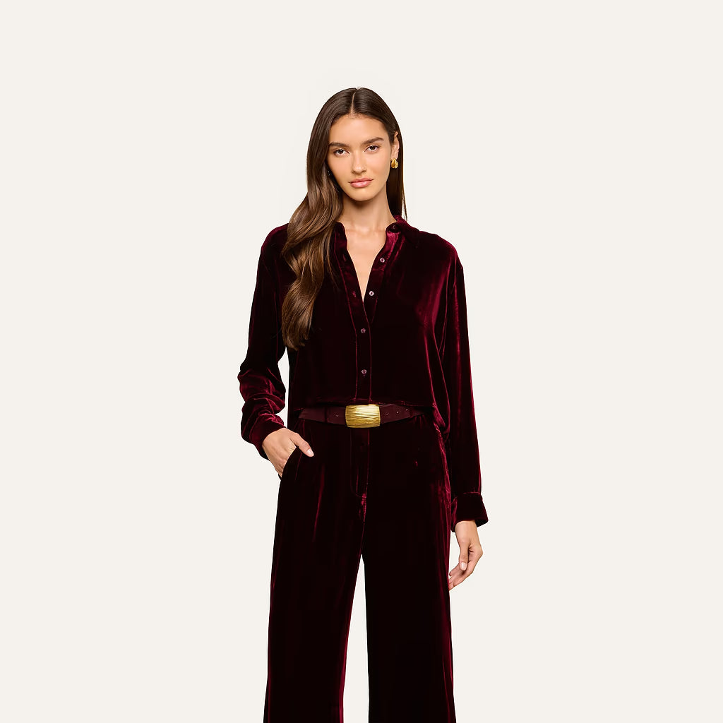 L'AGENCE Cosette Crop Velvet Shirt in Deep Port