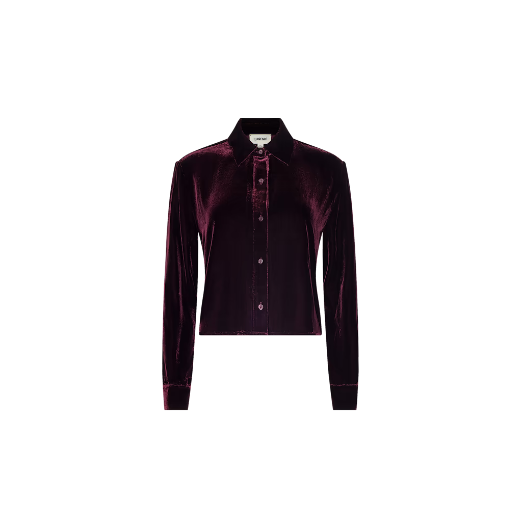 L'AGENCE Cosette Crop Velvet Shirt in Deep Port