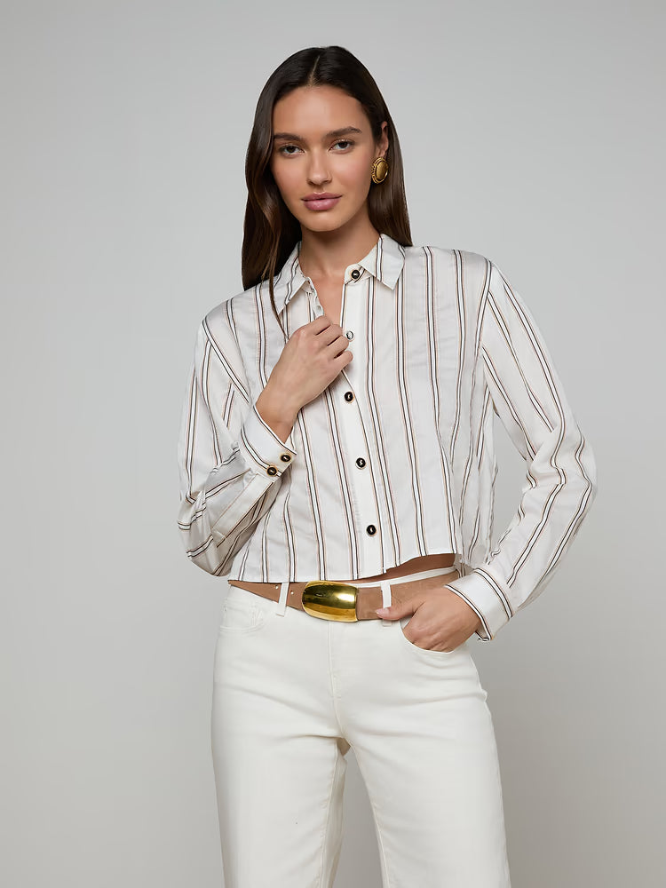 L’AGENCE Cosette Crop Shirt in Ivory Multi Stripe