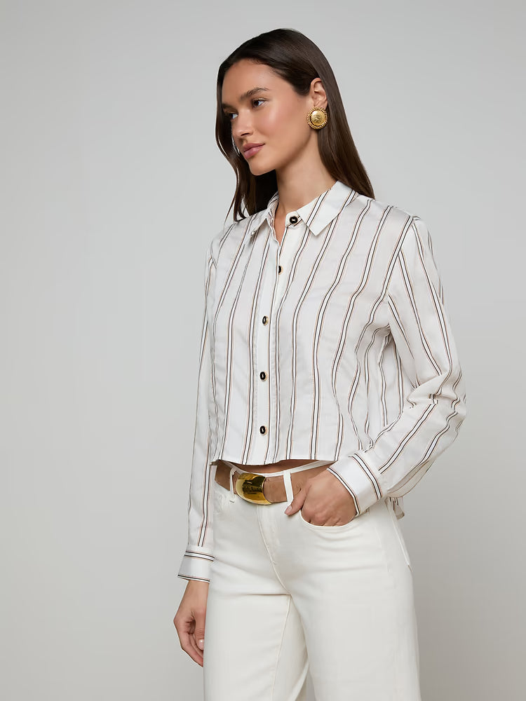 L’AGENCE Cosette Crop Shirt in Ivory Multi Stripe