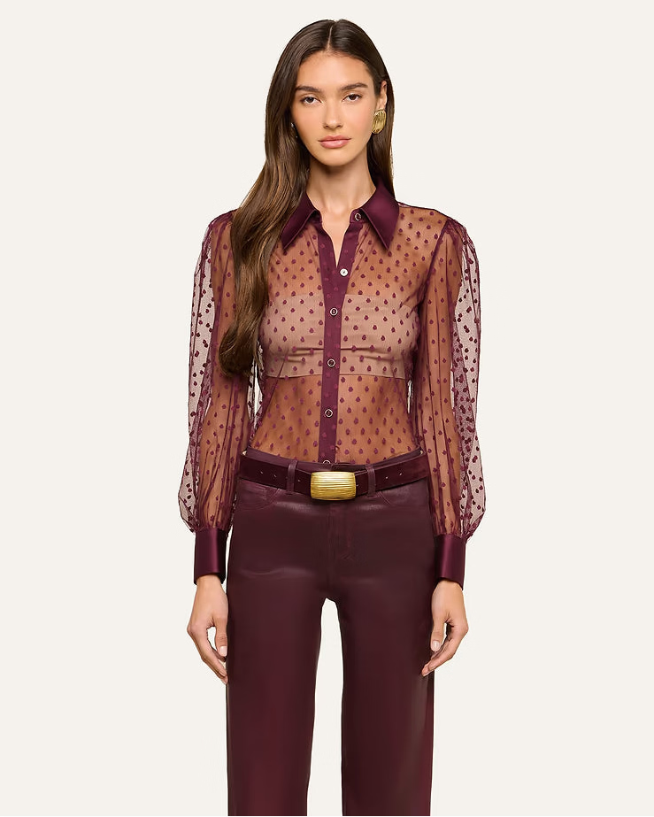 L'AGENCE Sophie Blouse in Deep Sangria Swiss Dot