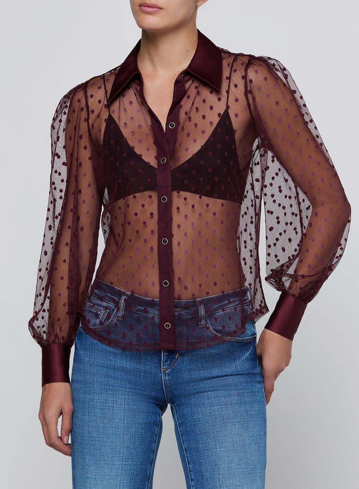 L'AGENCE Sophie Blouse in Deep Sangria Swiss Dot