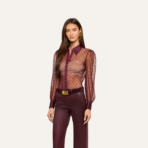 L'AGENCE Sophie Blouse in Deep Sangria Swiss Dot