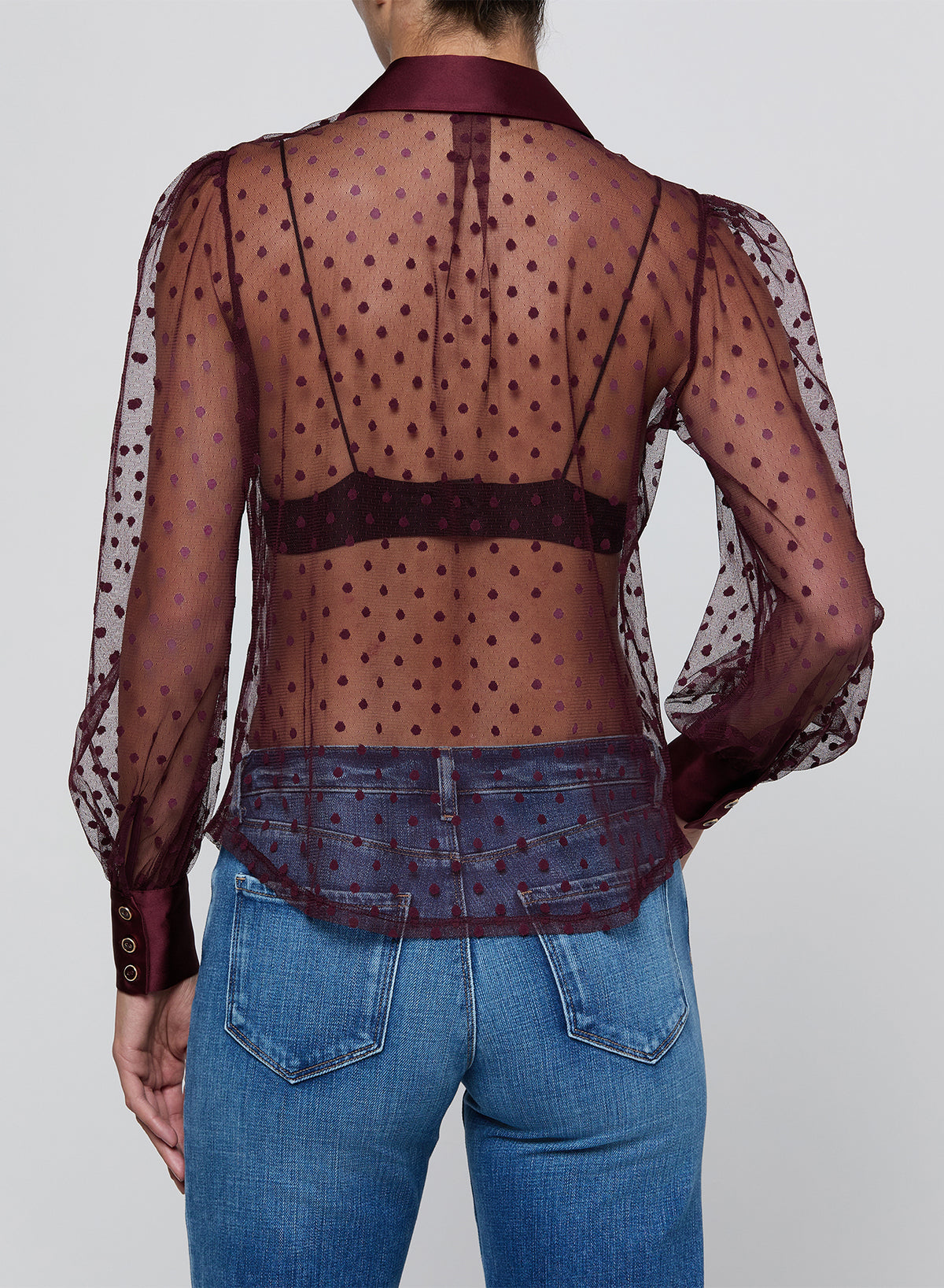 L'AGENCE Sophie Blouse in Deep Sangria Swiss Dot