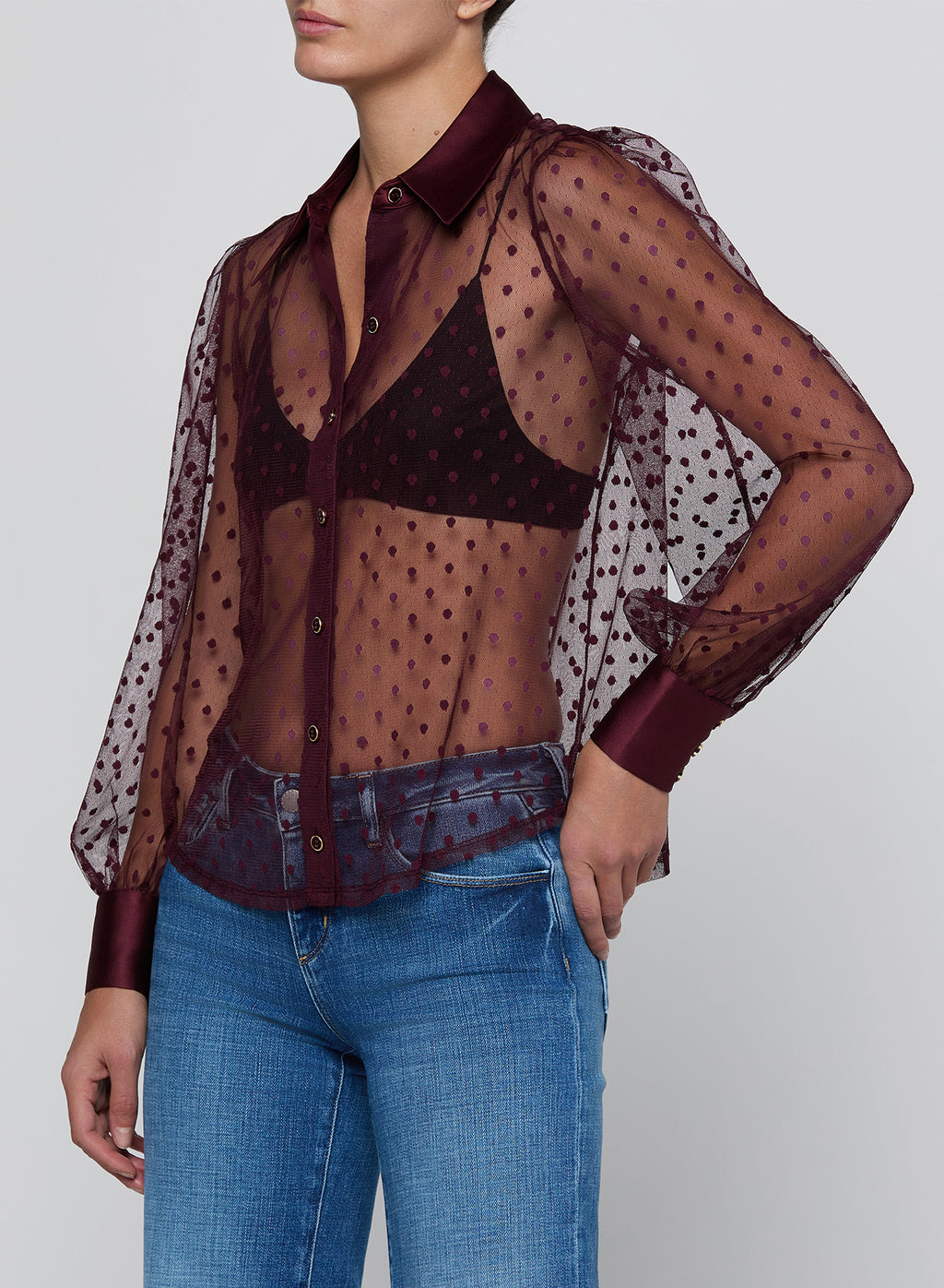 L'AGENCE Sophie Blouse in Deep Sangria Swiss Dot