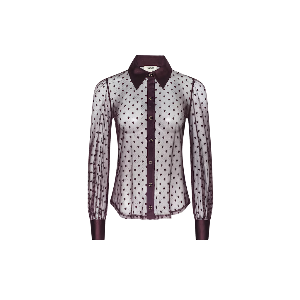 L'AGENCE Sophie Blouse in Deep Sangria Swiss Dot