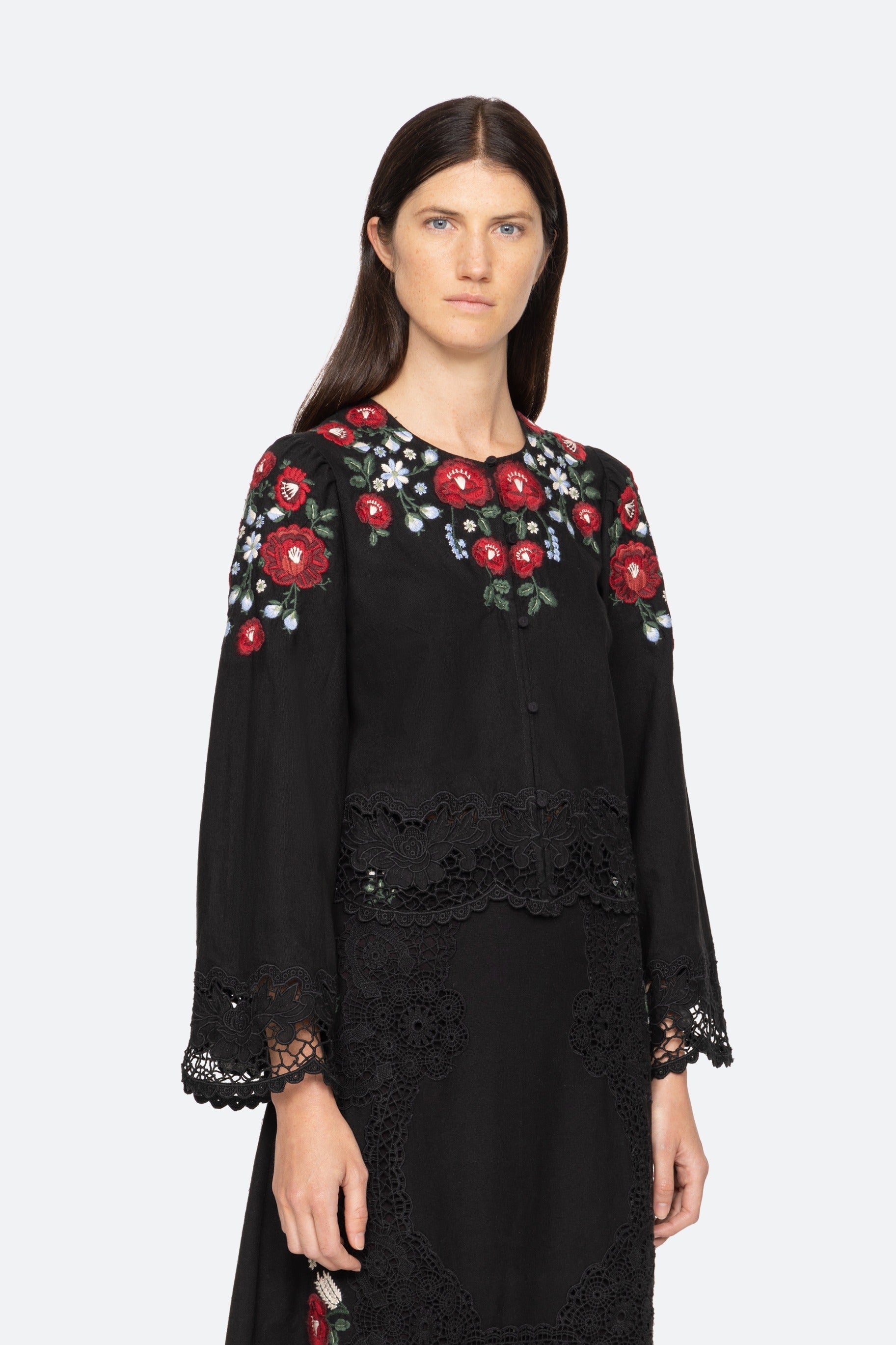 Sea New York Rosaline Embroidery Long Sleeve Button-Up Top