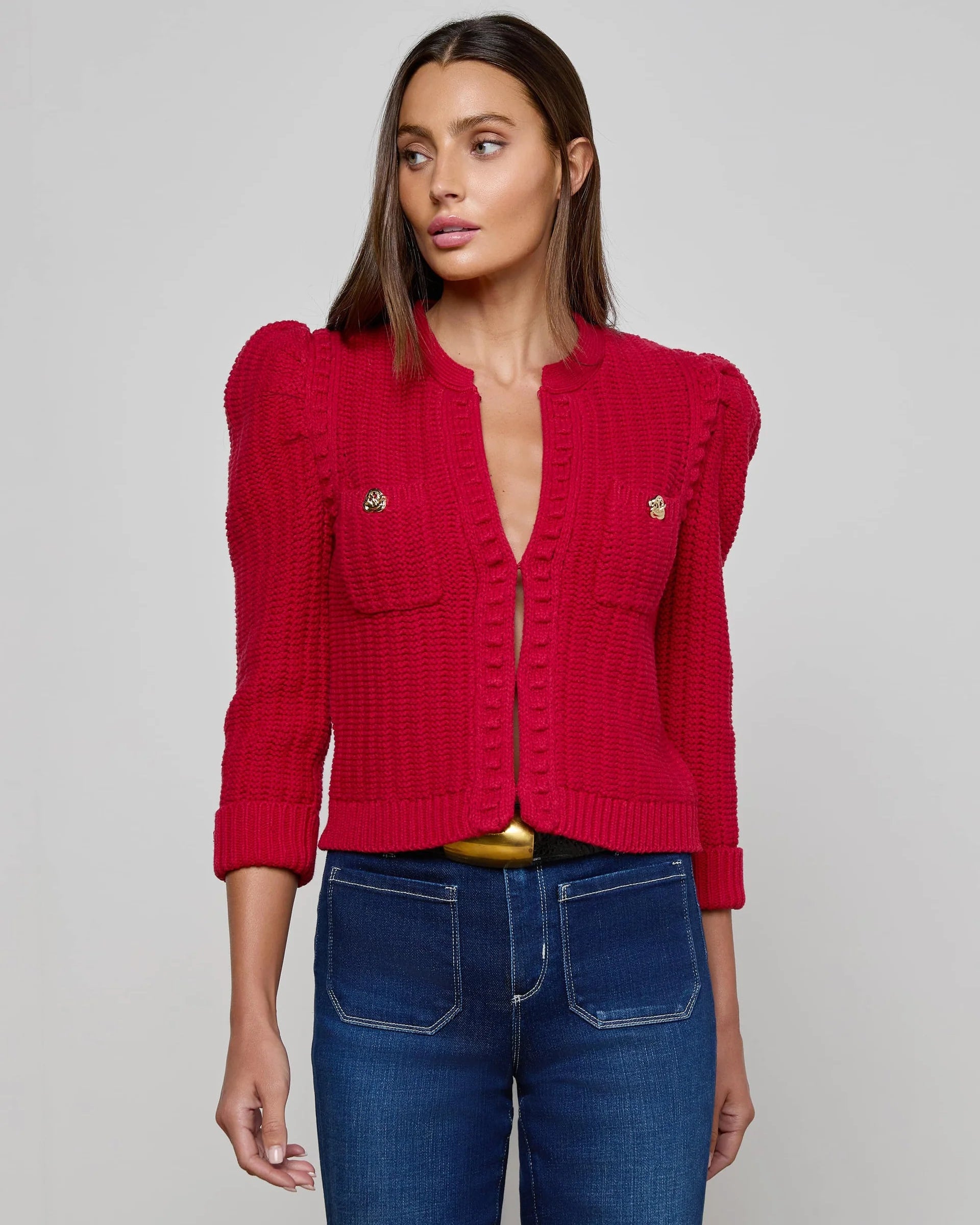 L'AGENCE Delli Sleeve Cardi in Engine Red