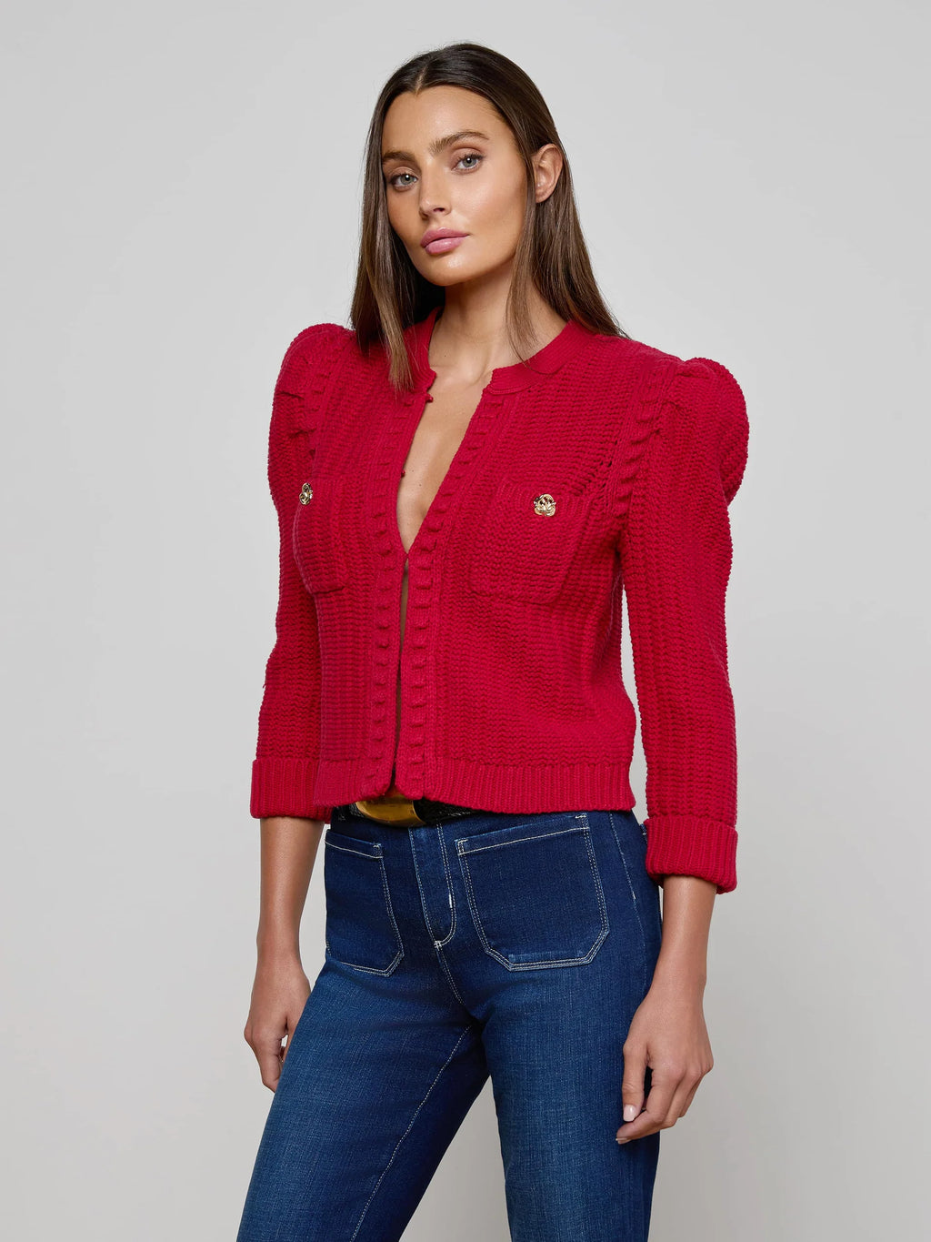 L'AGENCE Delli Sleeve Cardi in Engine Red