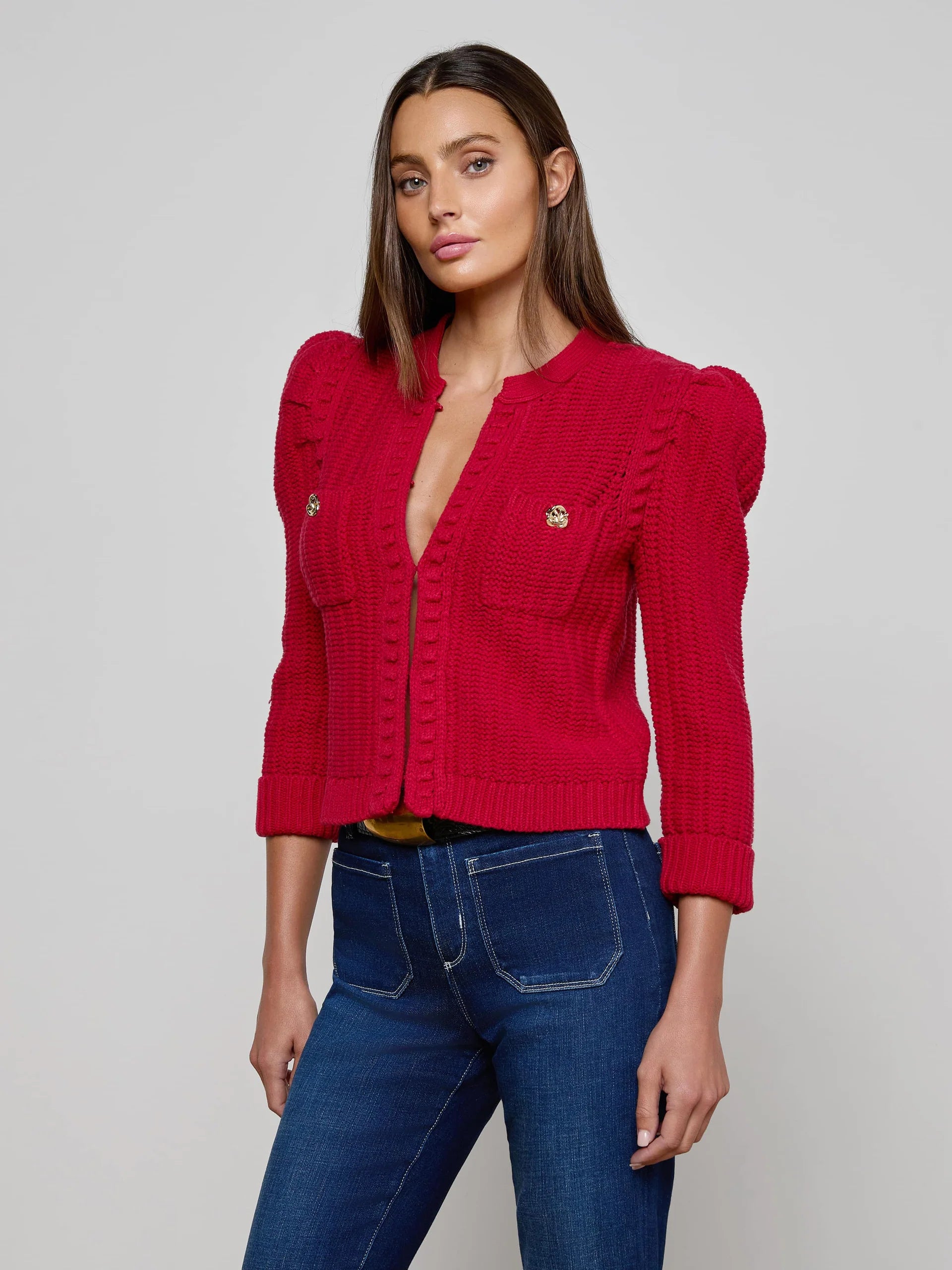 L'AGENCE Delli Sleeve Cardi in Engine Red